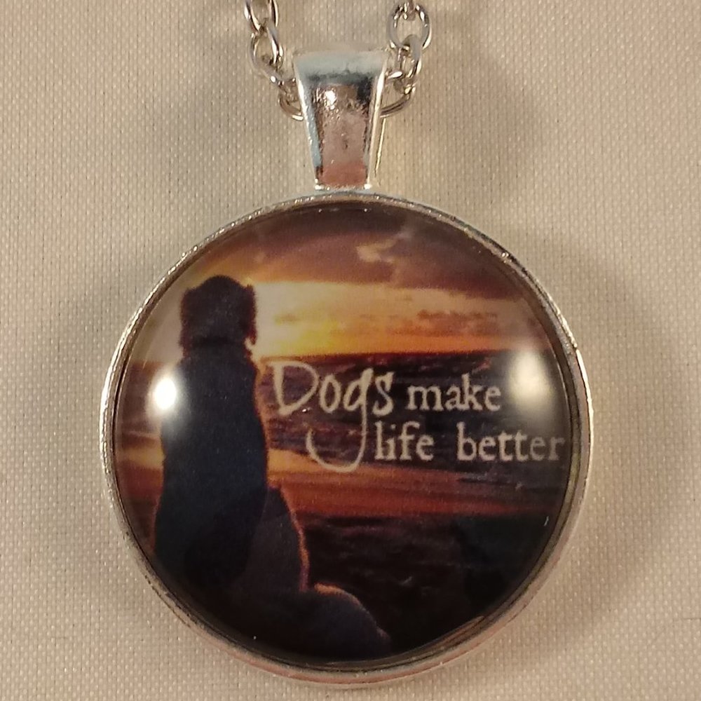 Silver Golden Retriever Labrador "Dogs Make Life Better" Cabochon Necklace 20"